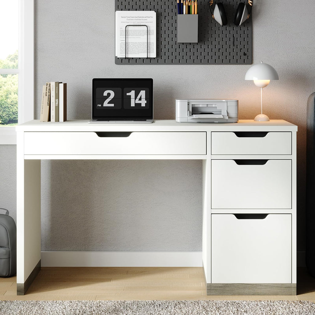 MaverickFurni White Desk with Drawers, 48 Inch Small Computer Desk