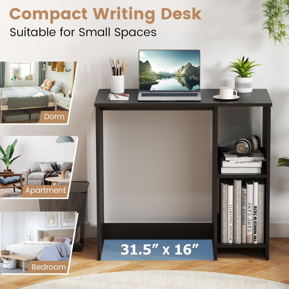 LDAILY Small Desk with 2-Tier Shelves, Compact Computer Writing Desk(White)