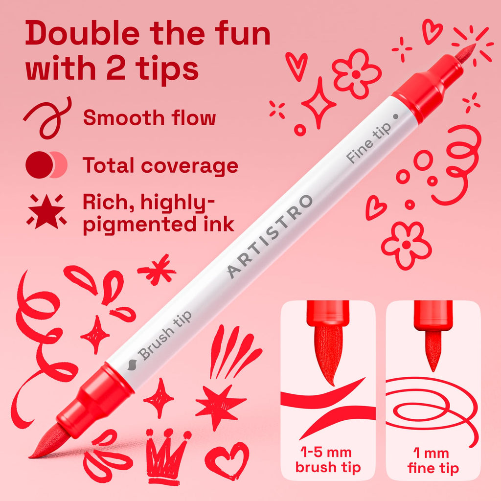ARTISTRO Dual-Tip Acrylic Paint Markers – 1mm Fine & 1–5mm Brush Tip | ASTM D4236 Safe, Multi-Surface