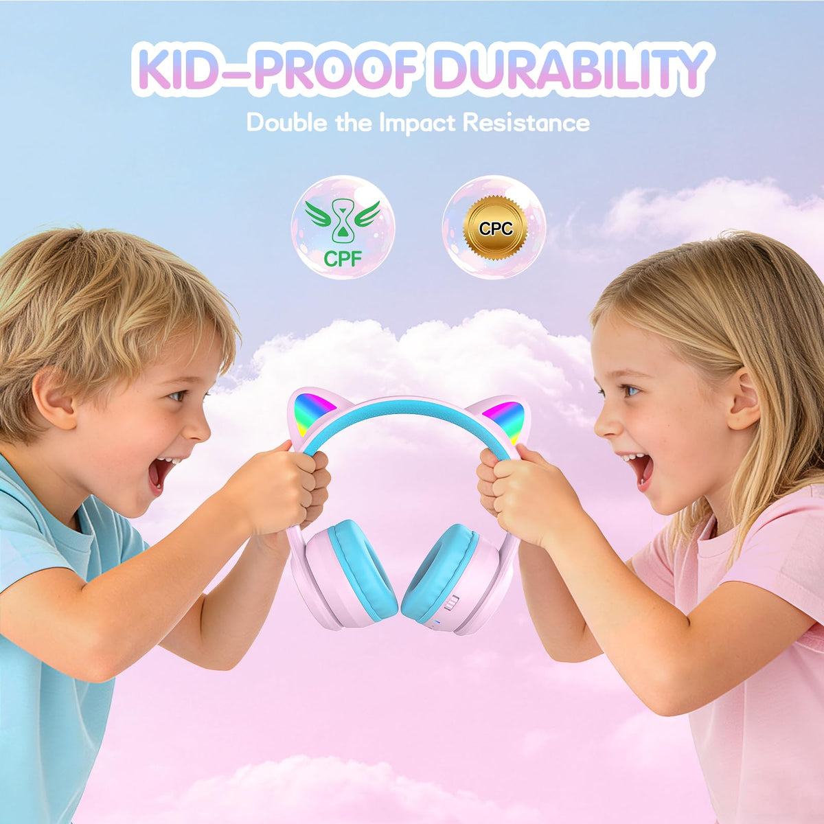IFECCO Kids Bluetooth Headphones with Case,Cute LED Light Up Cat Ears