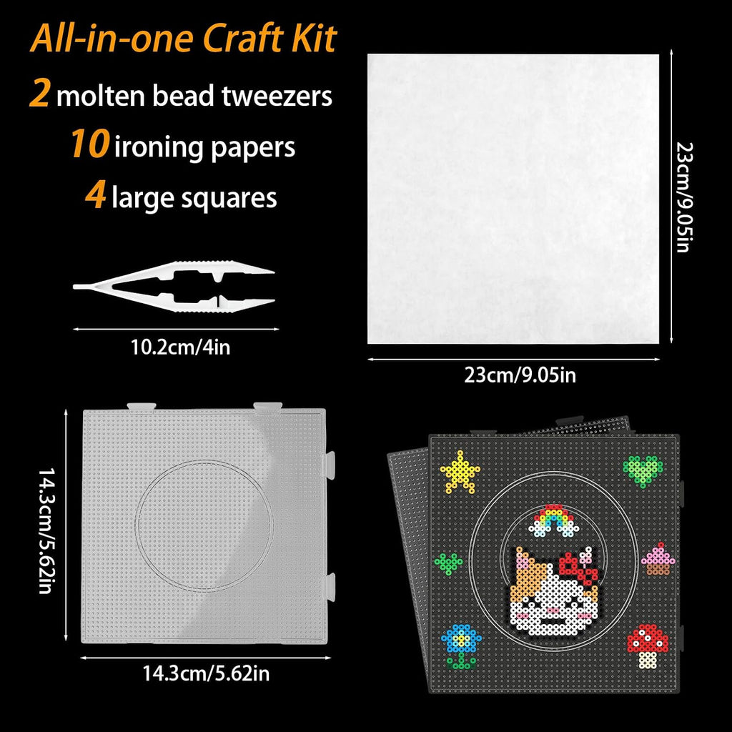 Fuse Bead Boards, 4 Pcs 2.6mm Heat Resistant Clear Plastic Pegboards, 10 Pcs Ironing Papers and 2 Pcs Beads Tweezers for Adults School Party DIY Craft Gifts