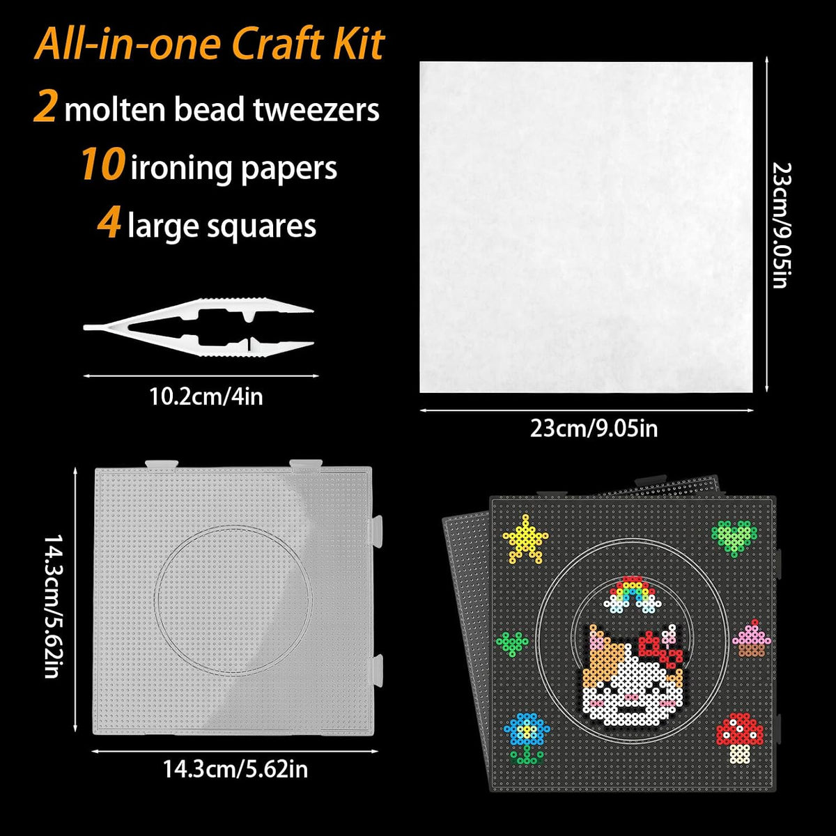 Fuse Bead Boards, 4 Pcs 2.6mm Heat Resistant Clear Plastic Pegboards, 10 Pcs Ironing Papers and 2 Pcs Beads Tweezers for Adults School Party DIY Craft Gifts