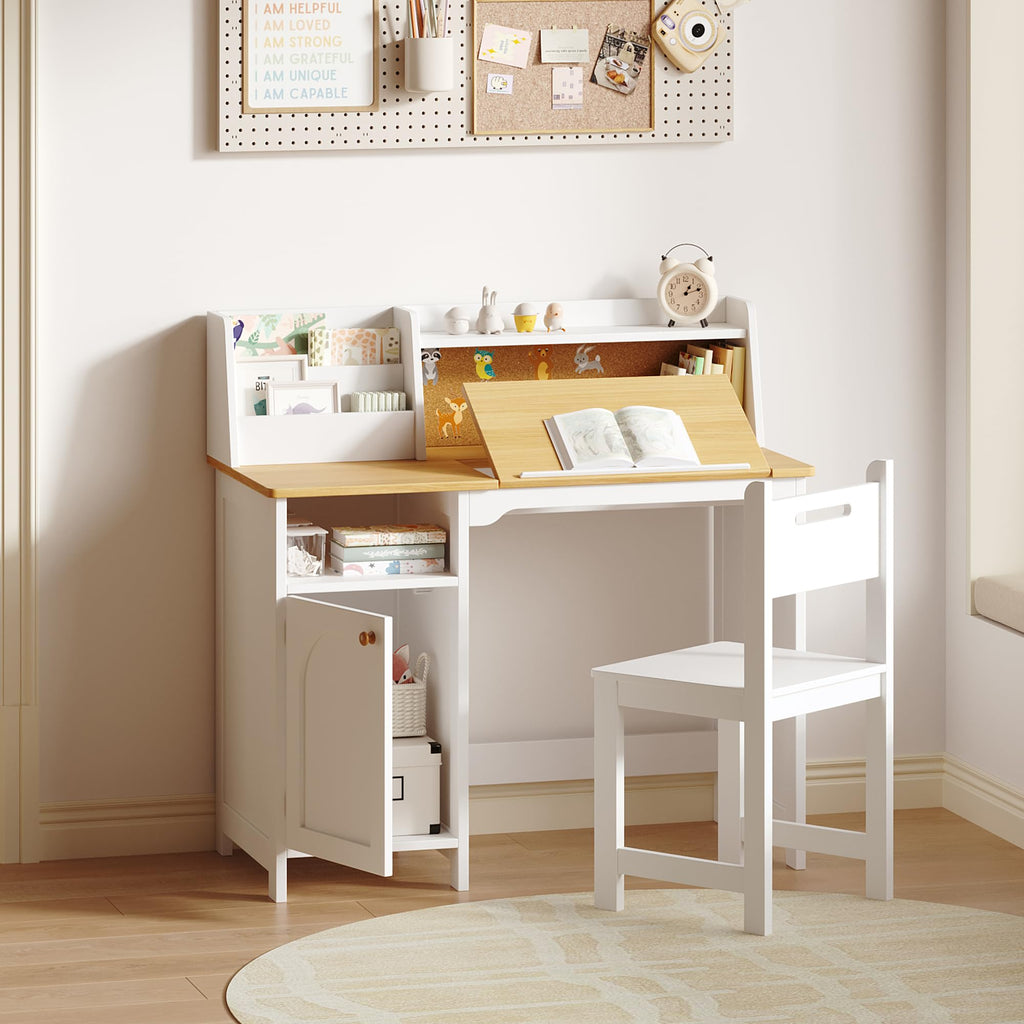 Treocho Kids Study Desk and Chair Set with Tiltable Desktop for 3-8 Years