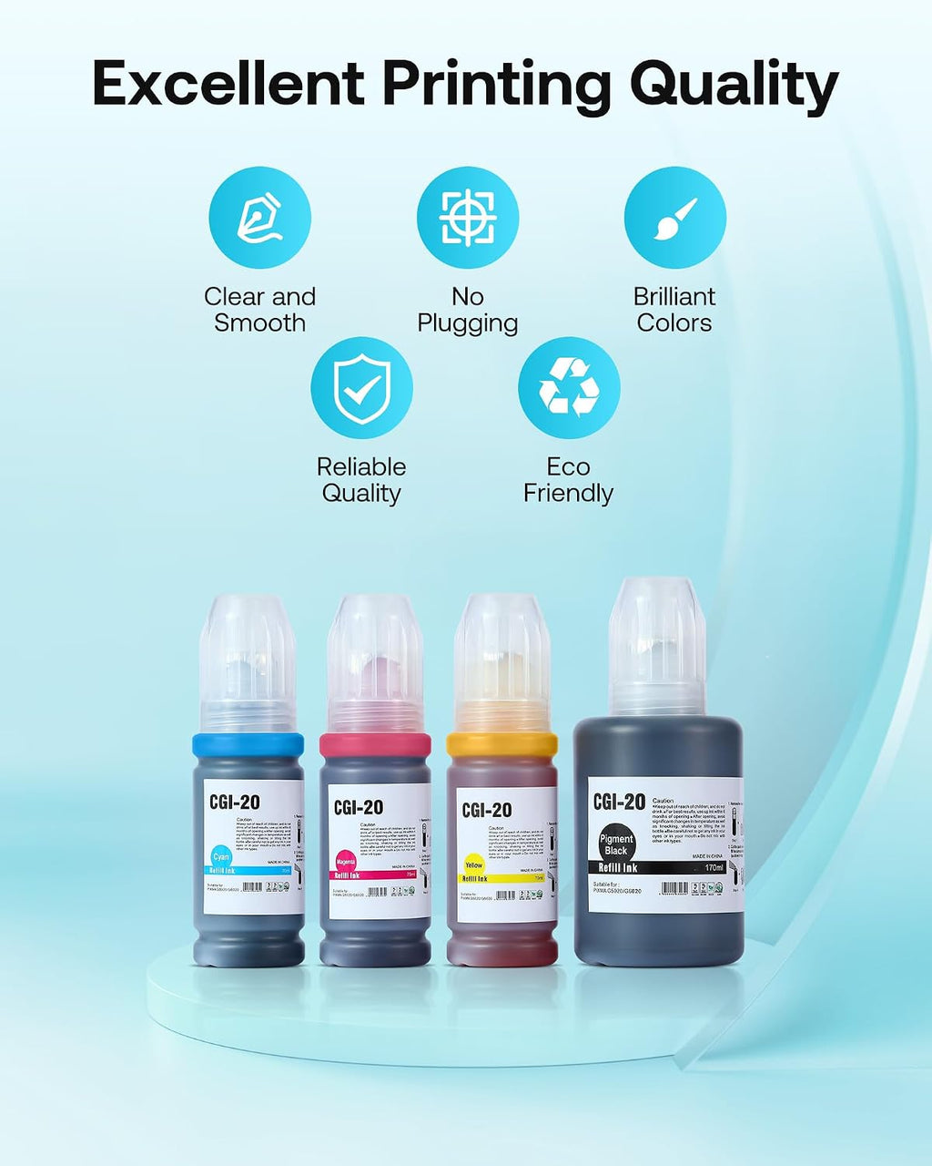 GI-20 GI20 Refill Ink Bottles Kit Compatible with Canon G6020 G7020 G5020 MegaTank Printers, 4-Pack (170ML GI-20 Black, 70ML GI20 Color)