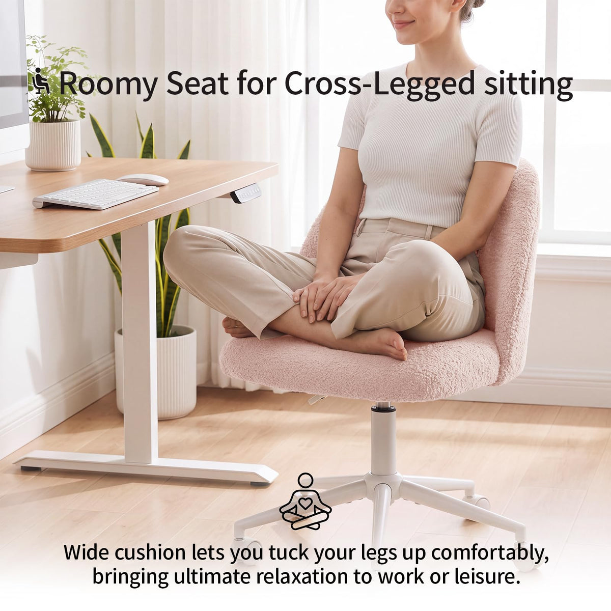 White Vanity Chair with Wheels＆Back, Armless Cute Desk Chair