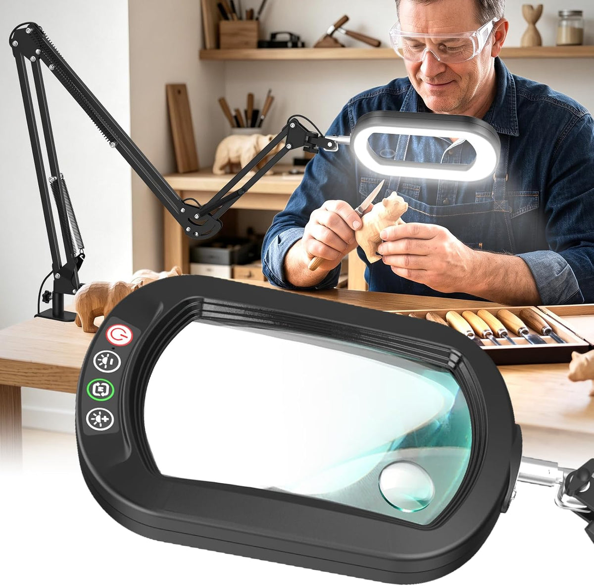 30X 12X Square Magnifying Glass with Light and Clamp, 36'' Ultra Long Lamp