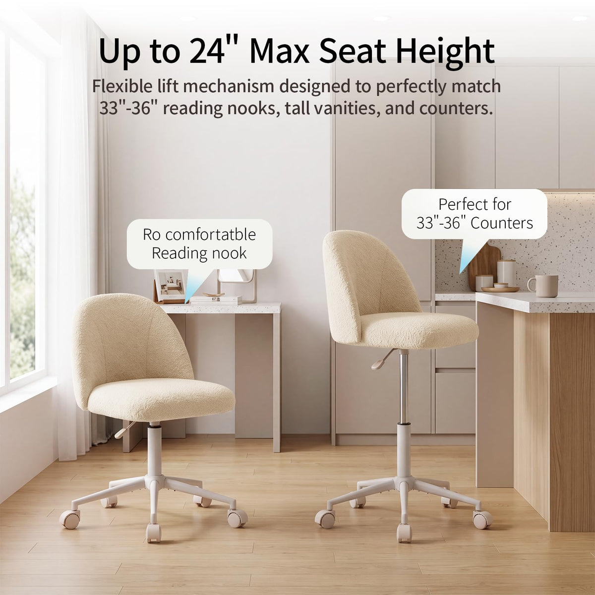 White Vanity Chair with Wheels＆Back, Armless Cute Desk Chair