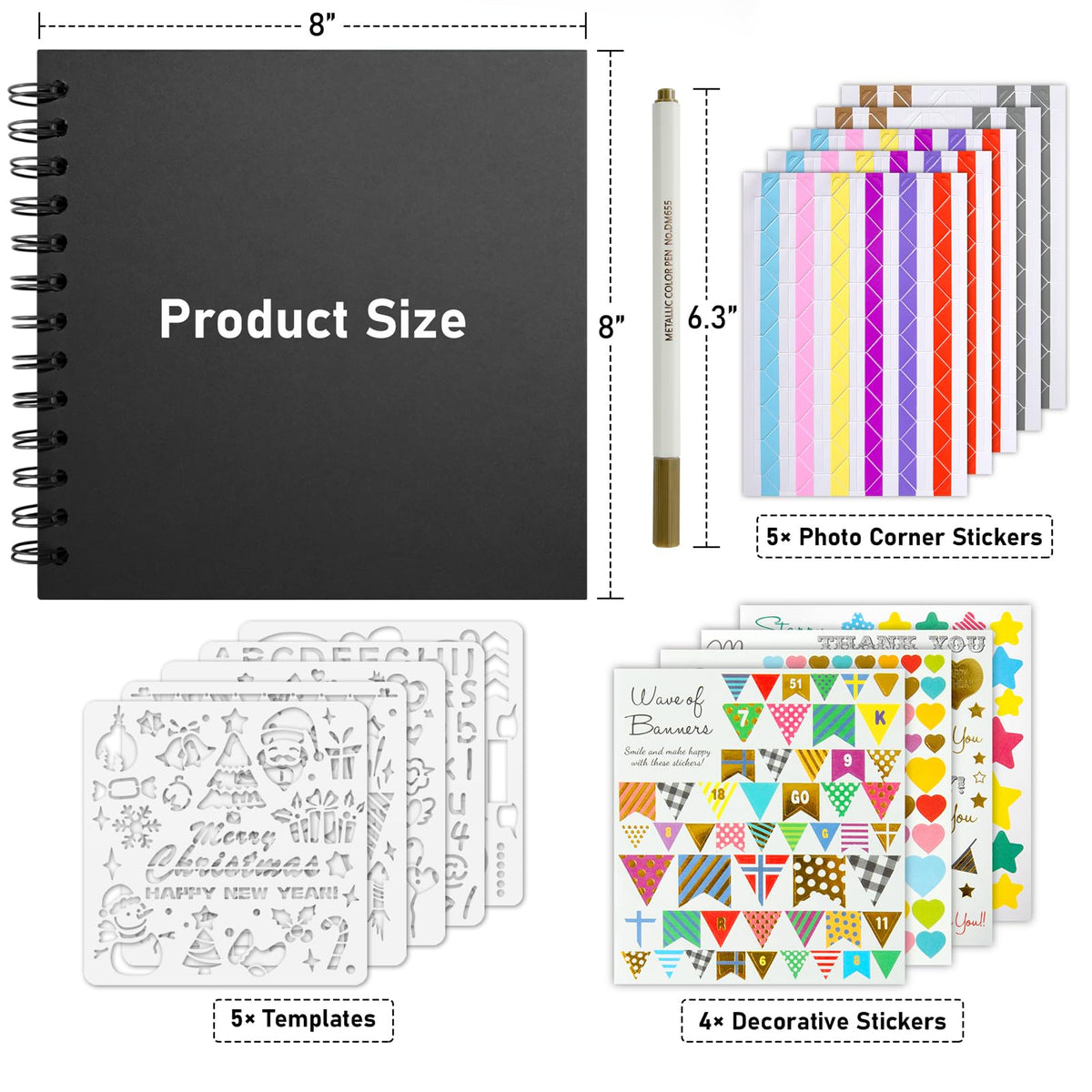 Gotideal 80 Pages Scrapbook Album with 10 Metallic Markers, Black