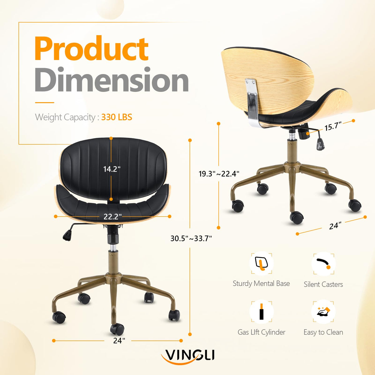 VINGLI Wide Comfotable Swivel Home Office Chair with Wood-Grain Curved Shell,Ergomomic Mid-Back Padded Armless Modern Desk Chair with Wheels,Height Adjustable for Computer,Task,Work,Microfiber,Rustic
