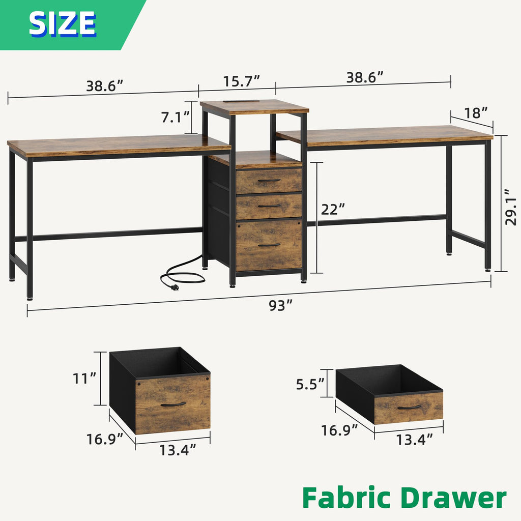GYIIYUO 93'' Two Person Desk with Charging Station, Long Desk with 3 Drawer