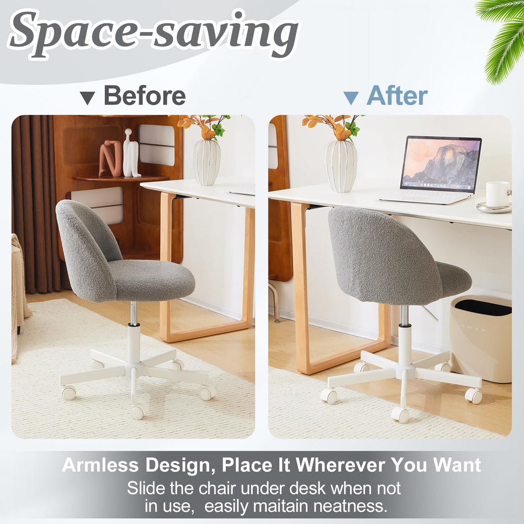 VINGLI Cute Candy Chair Armless Comfy Small Office Desk Vanity Chair with Wheels & Lumbar Support,Teddy Adjustable Rolling Swivel Computer Task Ch for Home Office,Bedroom,Gentle Pink
