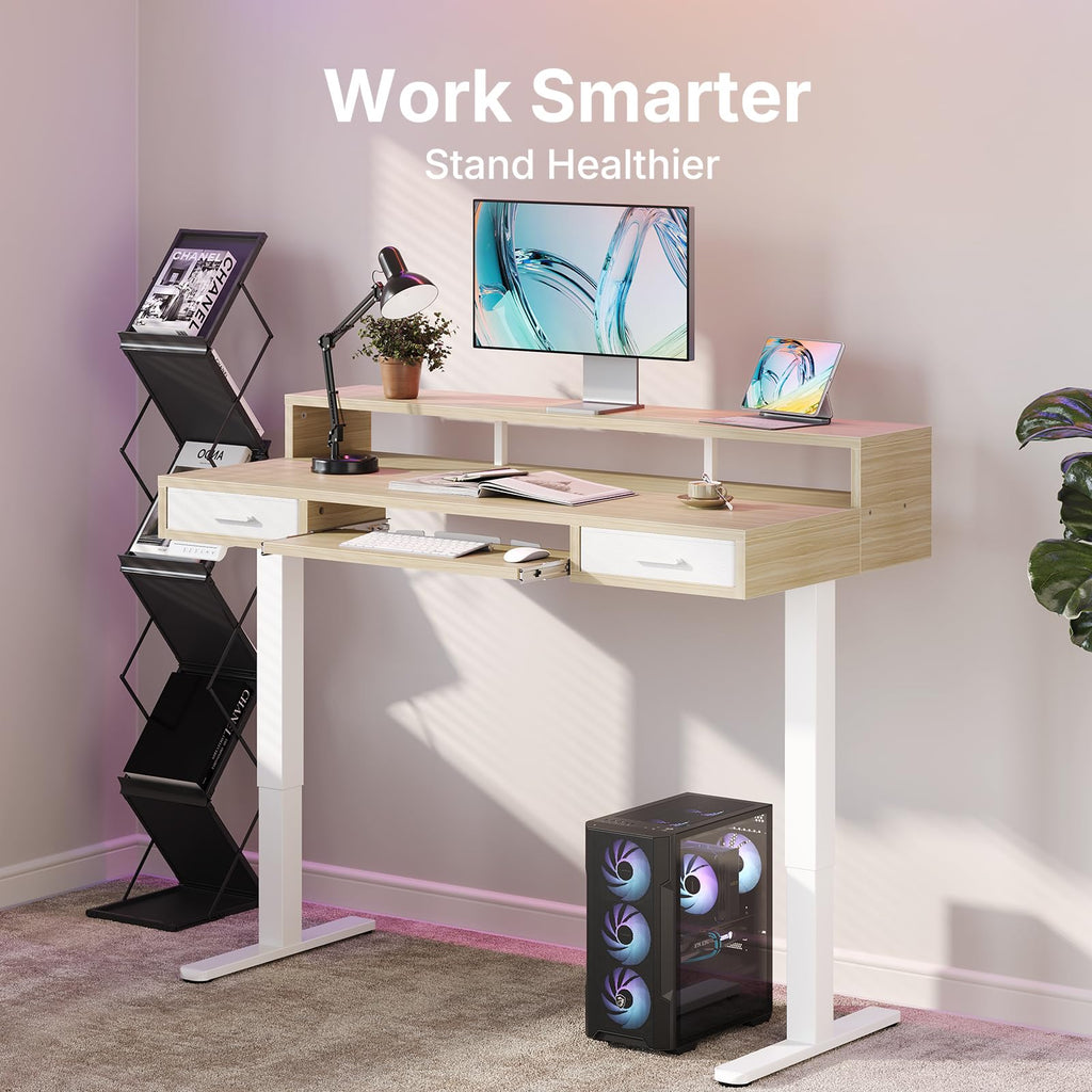 HUANUO 55″ x 26″ Electric Standing Desk with 2 Drawers &24.4″ Large Keyboard Tray, C-Clamp Mount Compatible, Adjustable Computer Desk for Office, Sit Stand Up Desk with 4 Height Presets, Light Walnut