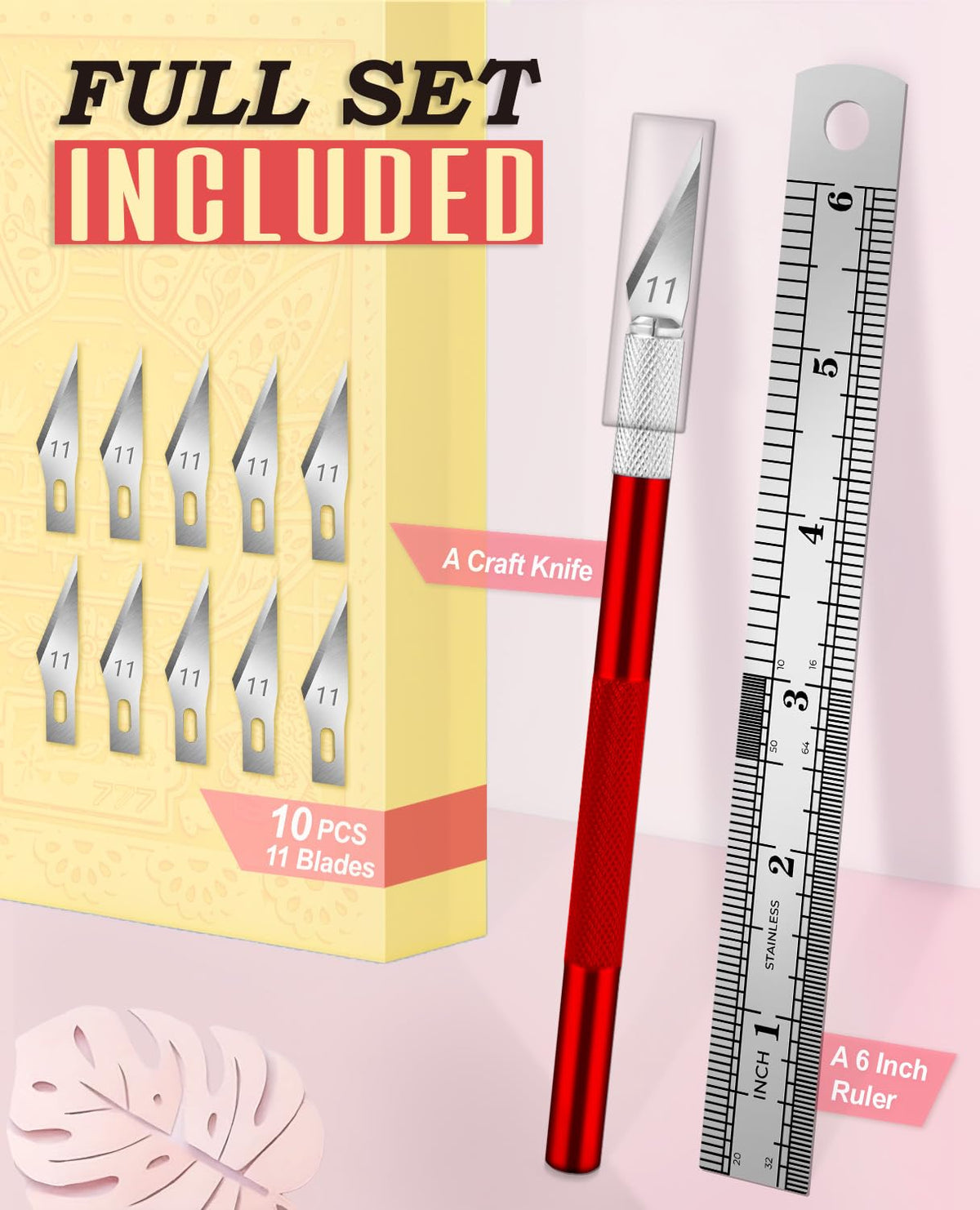 DIYSELF Craft Hobby Knife Set with 10 Extra #11 Blades, 6-Inch Metal Ruler