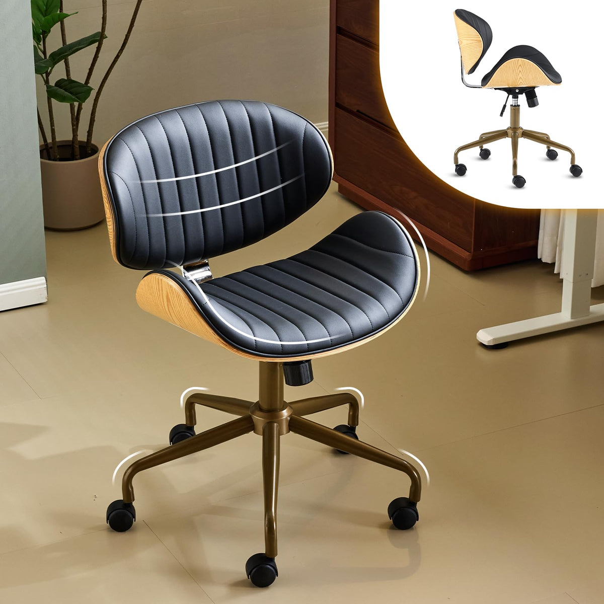 VINGLI Adjustable Armless Study Chair with Curved Wood Shell (Multiple Styles)