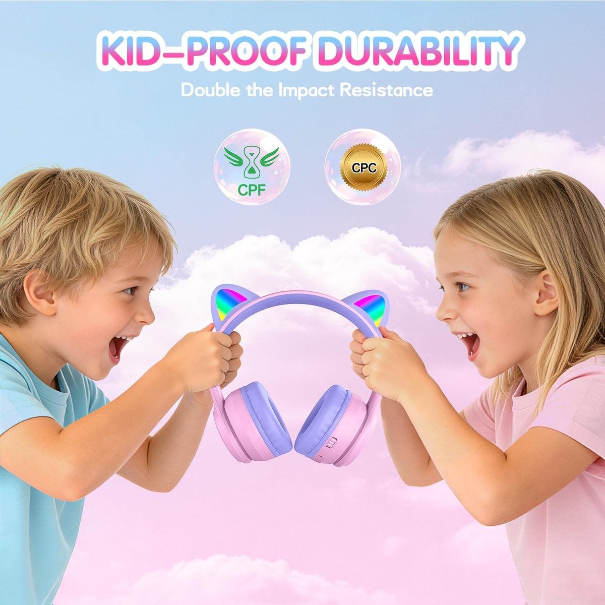 IFECCO Kids Bluetooth Headphones with Case,Cute LED Light Up Cat Ears