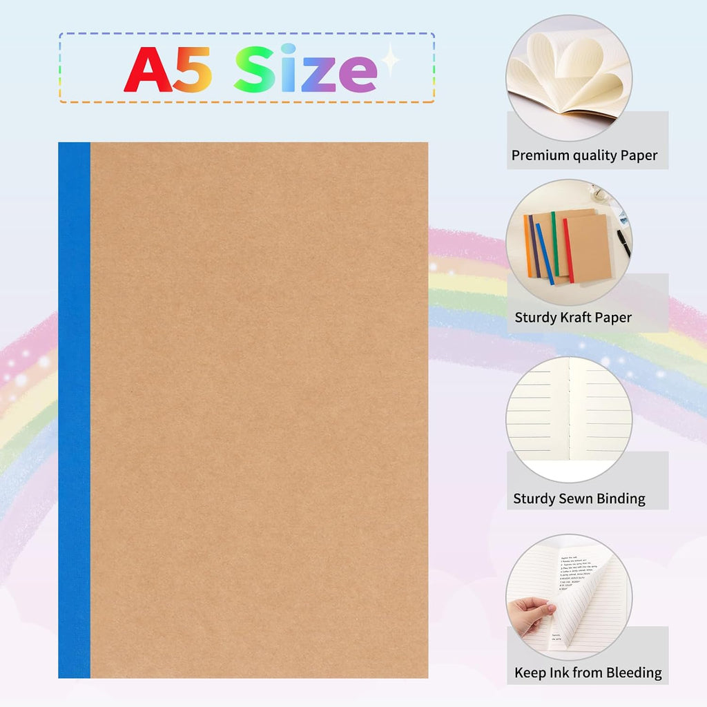 EOOUT 5 Pack A5 Composition Notebook, Kraft Lined Journal Bulk with Rainbow Spine, 5 Colors, 60 Pages for Women Girls Kids, School Office Supplies