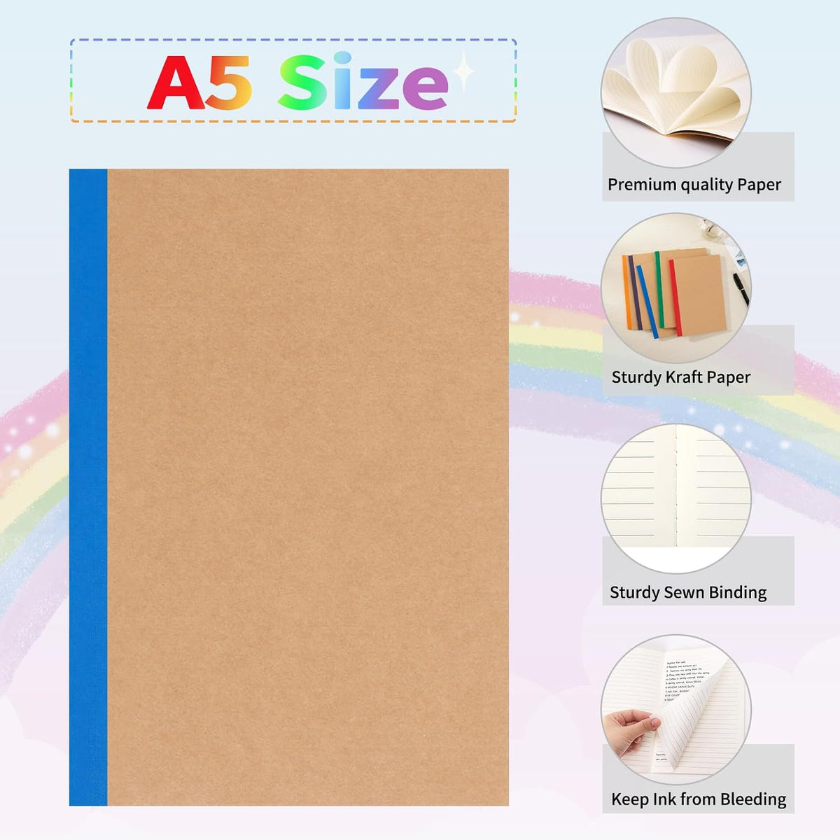 EOOUT 5 Pack A5 Composition Notebook, Kraft Lined Journal Bulk with Rainbow Spine, 5 Colors, 60 Pages for Women Girls Kids, School Office Supplies