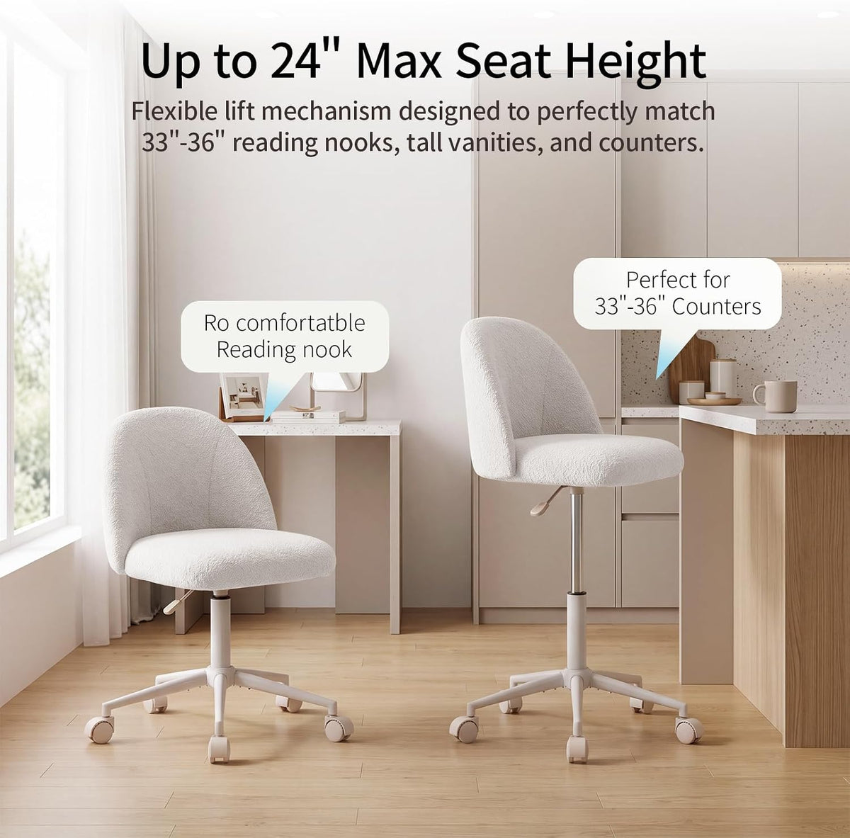 White Vanity Chair with Wheels＆Back, Armless Cute Desk Chair