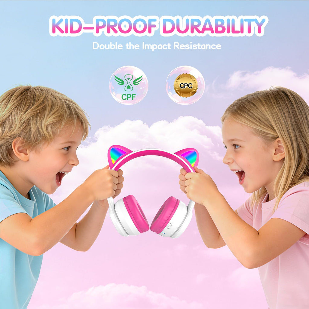 IFECCO Kids Bluetooth Headphones with Case,Cute LED Light Up Cat Ears
