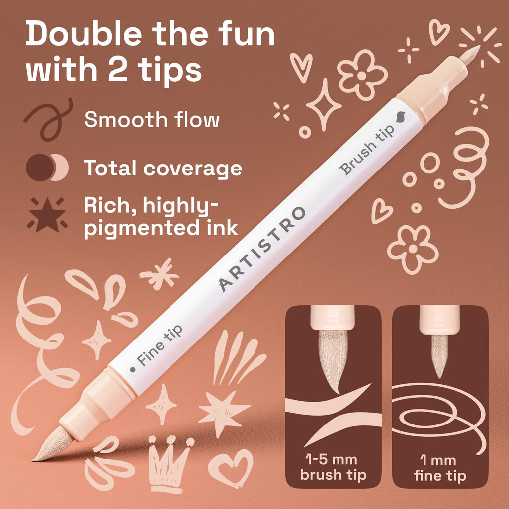 ARTISTRO Dual-Tip Acrylic Paint Markers – 1mm Fine & 1–5mm Brush Tip | ASTM D4236 Safe, Multi-Surface