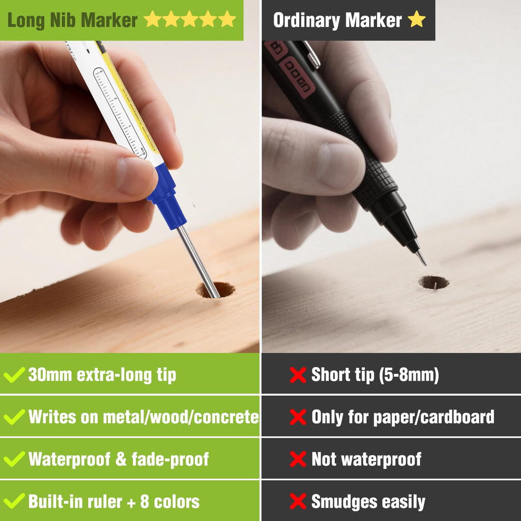 8pcs Long Nib Marker, Long Head Deep Hole Marker Pens, Waterproof Construction Markers Marking Tool, Multi-Purpose Deep Reach Pen Makes For Metal, Carpenter, Woodworking, Gift for Father's Day