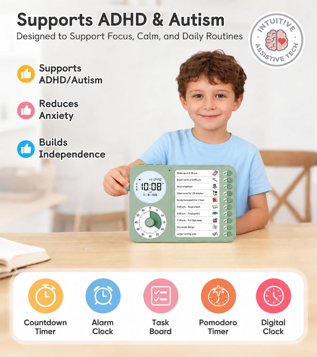3-in-1 Visual Timer & ADHD Tool for Kids – ADHD Task Timer for Adults with Visual Schedule, Chore Chart & Planning Board for Home, School, Classroom, Work (White)