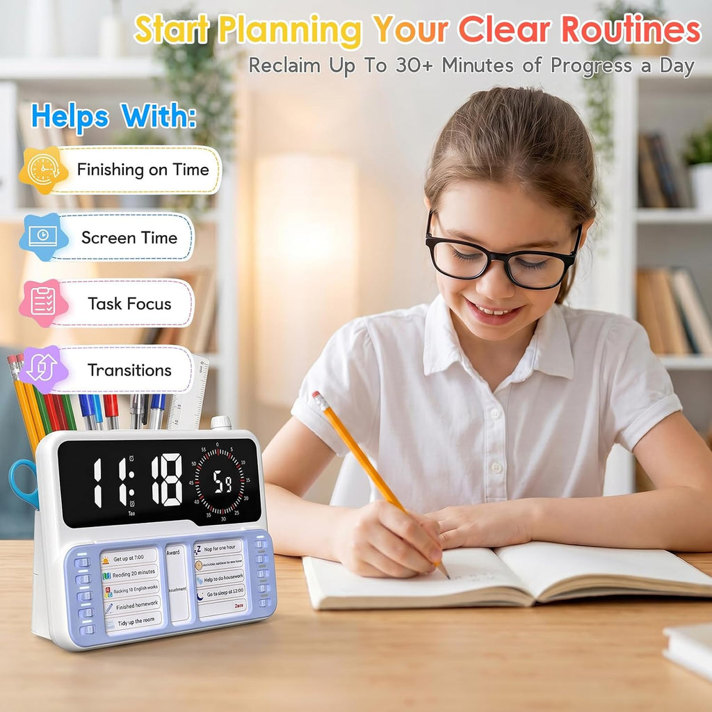 7-in-1 Visual ADHD Timer for Kids with Chore Chart Board, ADHD Tools Schedule for Kids with Autism, Alarm, Countdown, Date, Temperature, Storage, Daily Checklist for Home/School/Classroom/Desk(Blue)