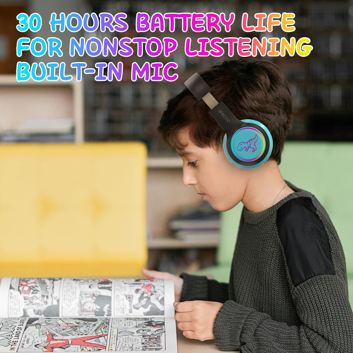 IFECCO Kids Bluetooth Headphones with Case,Cute LED Light Up Cat Ears