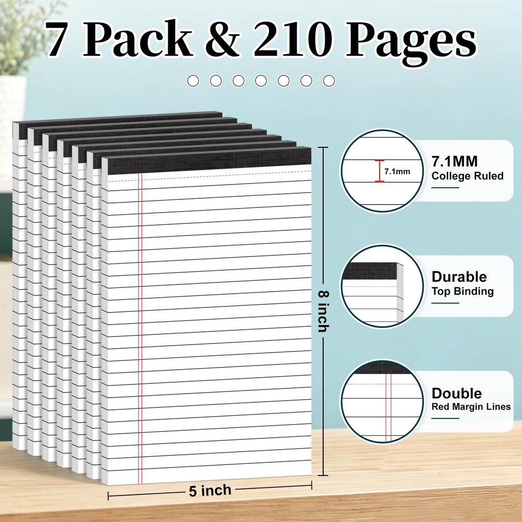 7 PCS Note Pads 5x8 Small Legal Pads 210 Sheets, Perforated Small Notebook Notepad 5 x 8 ,College Ruled Lined Paper Pads 80GSM, Mini Hard Backing Writing Pads Memo for Work School &Office Supplies-Multicolor