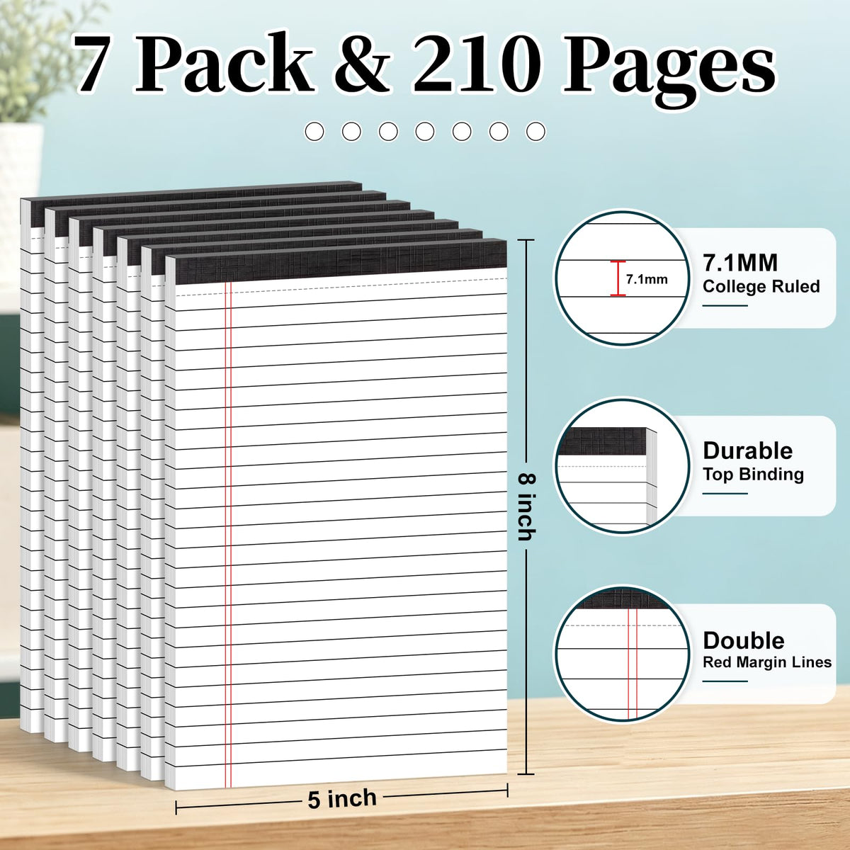 7 PCS Note Pads 5x8 Small Legal Pads 210 Sheets, Perforated Small Notebook Notepad 5 x 8 ,College Ruled Lined Paper Pads 80GSM, Mini Hard Backing Writing Pads Memo for Work School &Office Supplies-Multicolor