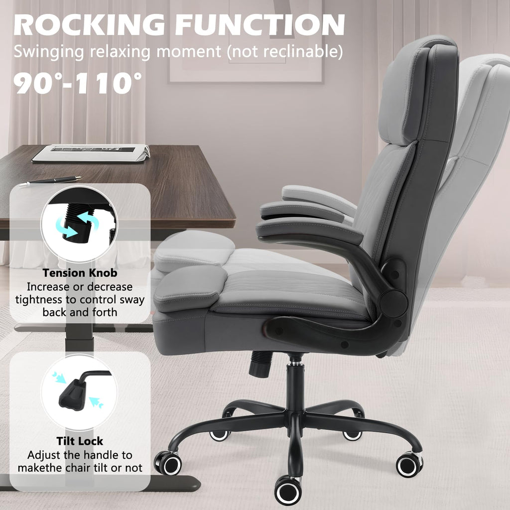 450LBS Big and Tall Executive Office Chair with Flip up Arm, Heavy Duty PU Leather Computer Desk Chair,Comfortable High Back Swivel Home Office Chair with Rolling for Adults,Spring Cushion,Metal Base