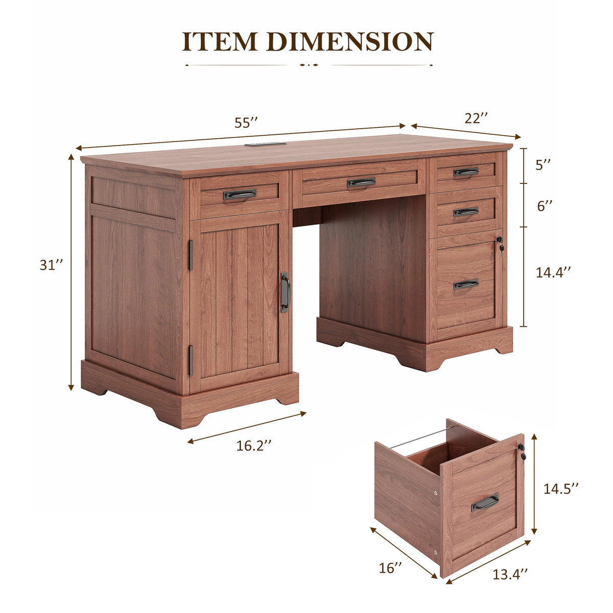 Whalefall: 55" Farmhouse Executive Desk with Drawers & Charging Station