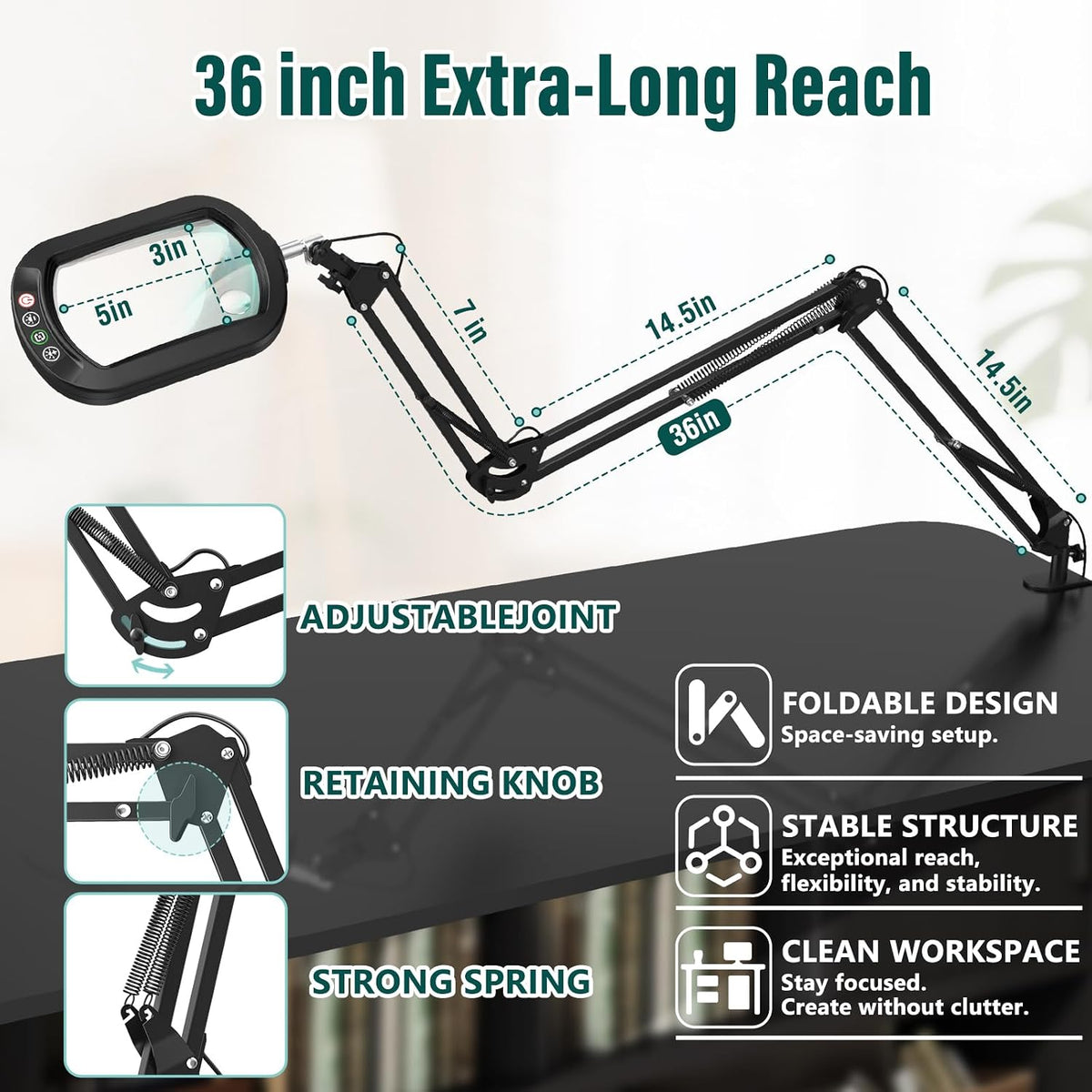 30X 12X Square Magnifying Glass with Light and Clamp, 36'' Ultra Long Lamp