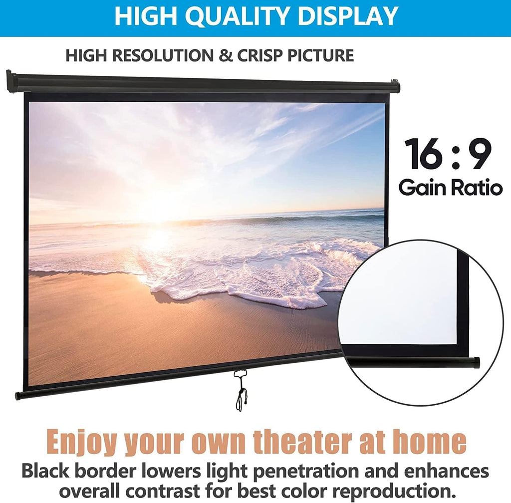 80 Inch Projection Screen, Outdoor Indoor 16:9 HD Foldable Manual Pull Down Projector Screen for Movie Home Backyard Theater Cinema Office Video Game, White