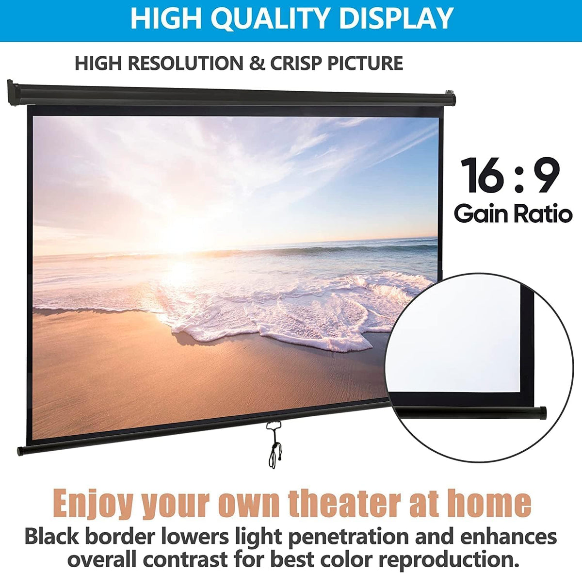80 Inch Projection Screen, Outdoor Indoor 16:9 HD Foldable Manual Pull Down Projector Screen for Movie Home Backyard Theater Cinema Office Video Game, White