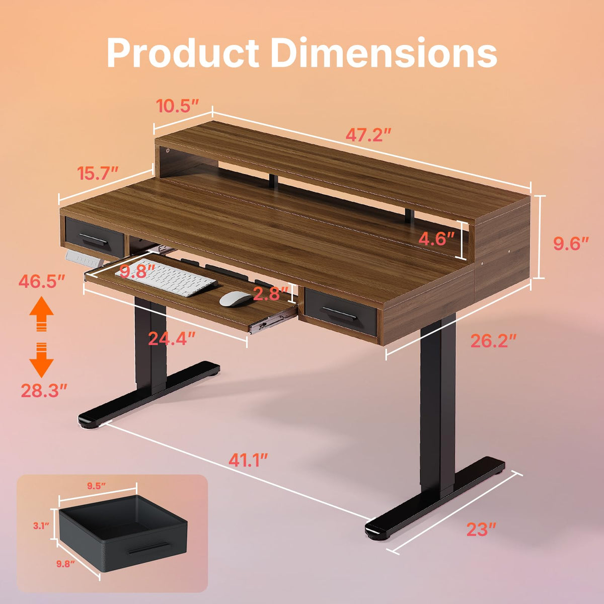 HUANUO 55″ x 26″ Electric Standing Desk with 2 Drawers &24.4″ Large Keyboard Tray, C-Clamp Mount Compatible, Adjustable Computer Desk for Office, Sit Stand Up Desk with 4 Height Presets, Light Walnut