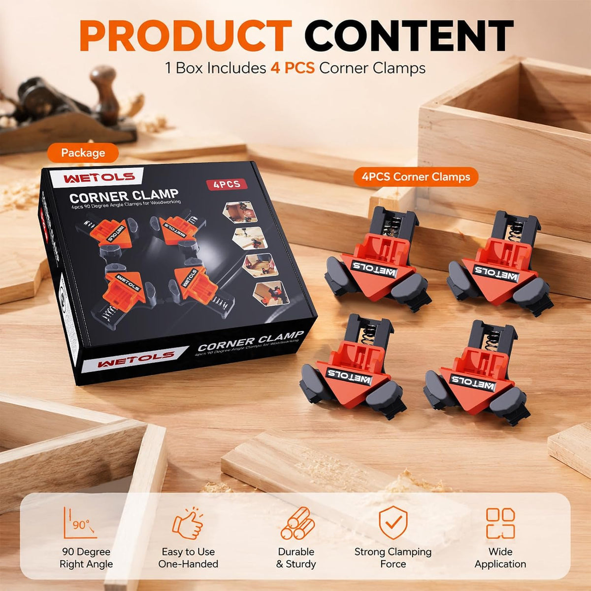 WETOLS 90 Degree Corner Clamp Set, 4 Pcs Adjustable Clamps for Woodworking
