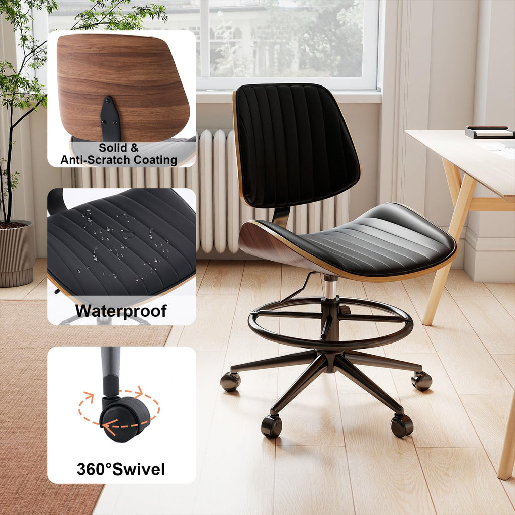 Drafting Chair, Ergonomic Office Chair with Walnut Wood Back Support, Armless PU Leather Desk Chair with Height-Adjustable, Thick Cushion for Home Office, Drafting, Art Studio (Beige)