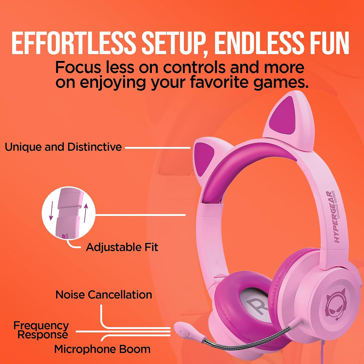 HyperGear Kombat Kitty Headphones for Kids - Cute Cat Ear Kids Headphones with Cord, Gaming Headset with Mic for Girls, Ideal for School, Home & Streaming, Pink