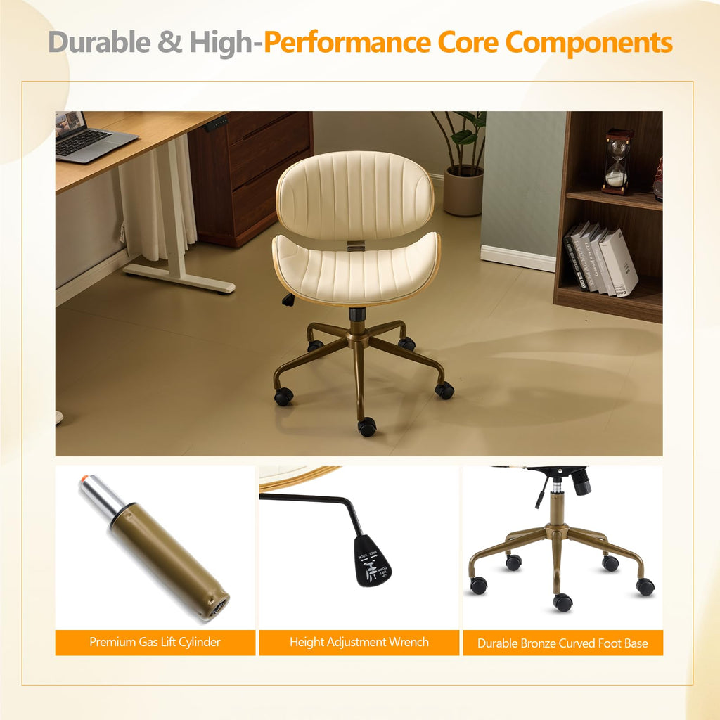 VINGLI Wide Comfotable Swivel Home Office Chair with Wood-Grain Curved Shell,Ergomomic Mid-Back Padded Armless Modern Desk Chair with Wheels,Height Adjustable for Computer,Task,Work,Microfiber,Rustic