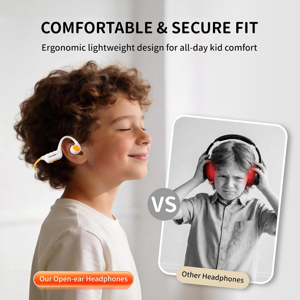 Kids Headphones - Bluetooth 6.0 Air Conduction Open Ear Kids Bluetooth Headphones - 85dB Safe Volume, IPX4 Waterproof - with Mic for School, Gaming, Sleeping, White