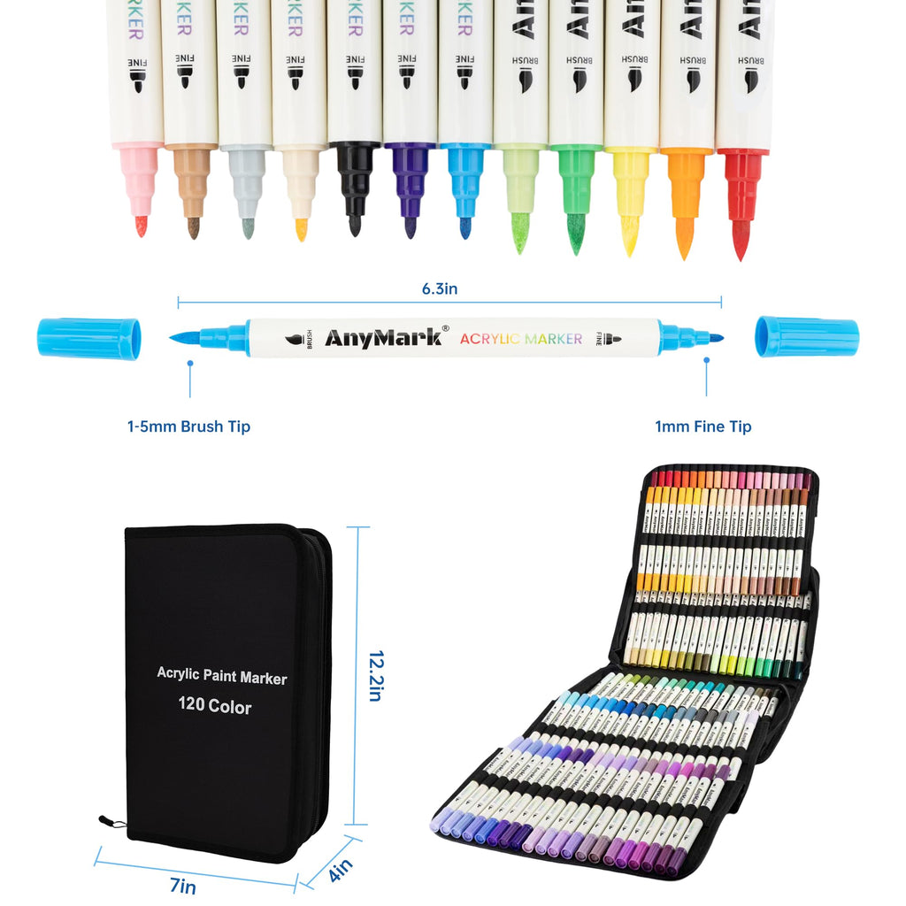 AnyMark 24 Colors Acrylic Paint Markers Brush & Fine Paint Pens