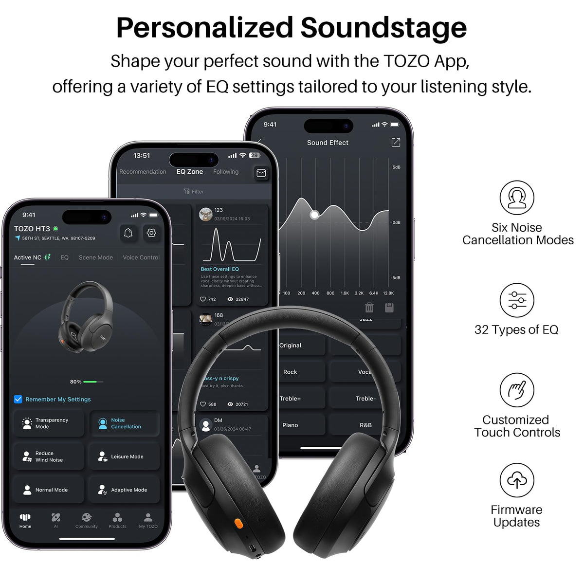 TOZO HT3 Hybrid Noise Cancelling Wireless Headphones, 90H Over Ear Headset