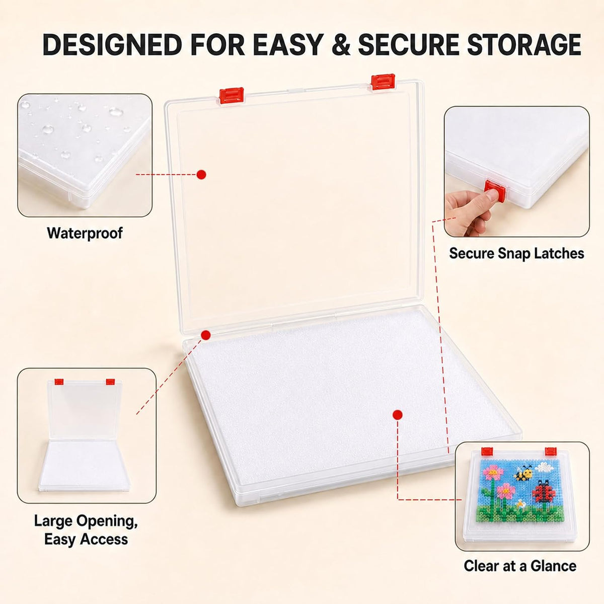 TOSGN 2 Pack Fuse Bead Storage Box, Clear Plastic Project Case with Removable Foam Pads and Secure Snap Latches, 12.6 x 12.4 x 1 in Craft Storage Organizer for Unfinished Bead Art and Pegboards