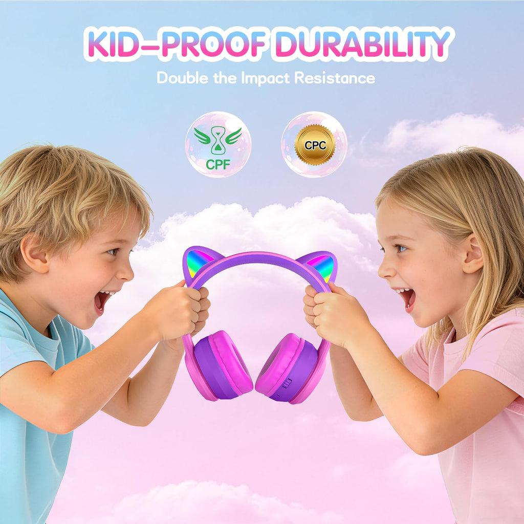 IFECCO Kids Bluetooth Headphones with Case,Cute LED Light Up Cat Ears
