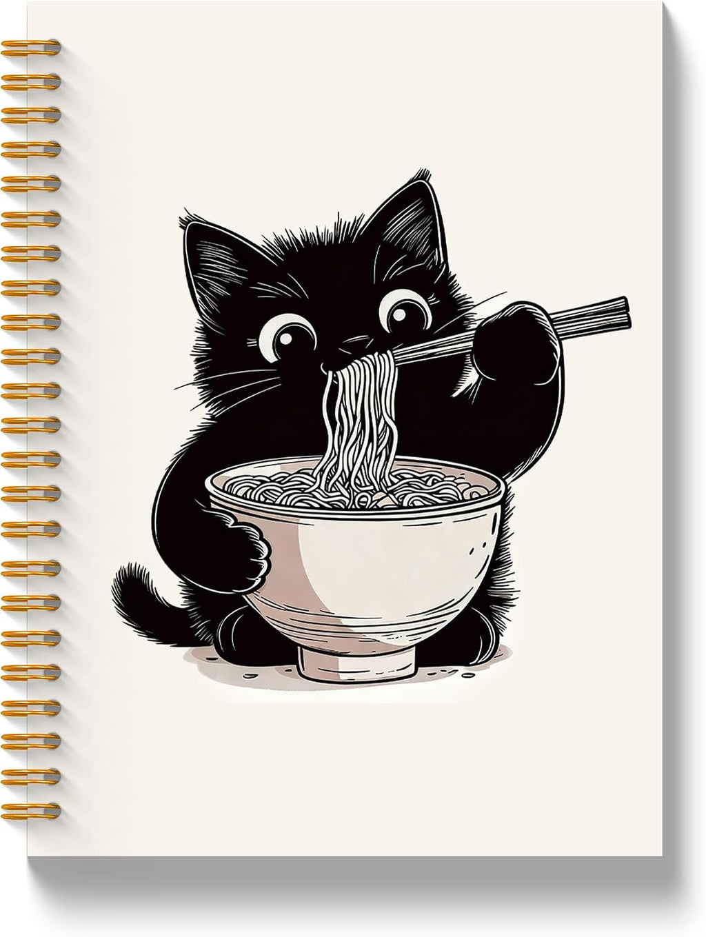 Cute Black Cat Spiral Notebook, Black Cats Lover Gifts Notebooks for Work, Cat Office Supplies, Japanese Noodle Kitty Journal Notebook, 5.5x8.3 Inch
