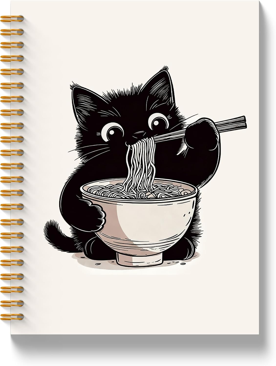 Cute Black Cat Spiral Notebook, Black Cats Lover Gifts Notebooks for Work, Cat Office Supplies, Japanese Noodle Kitty Journal Notebook, 5.5x8.3 Inch