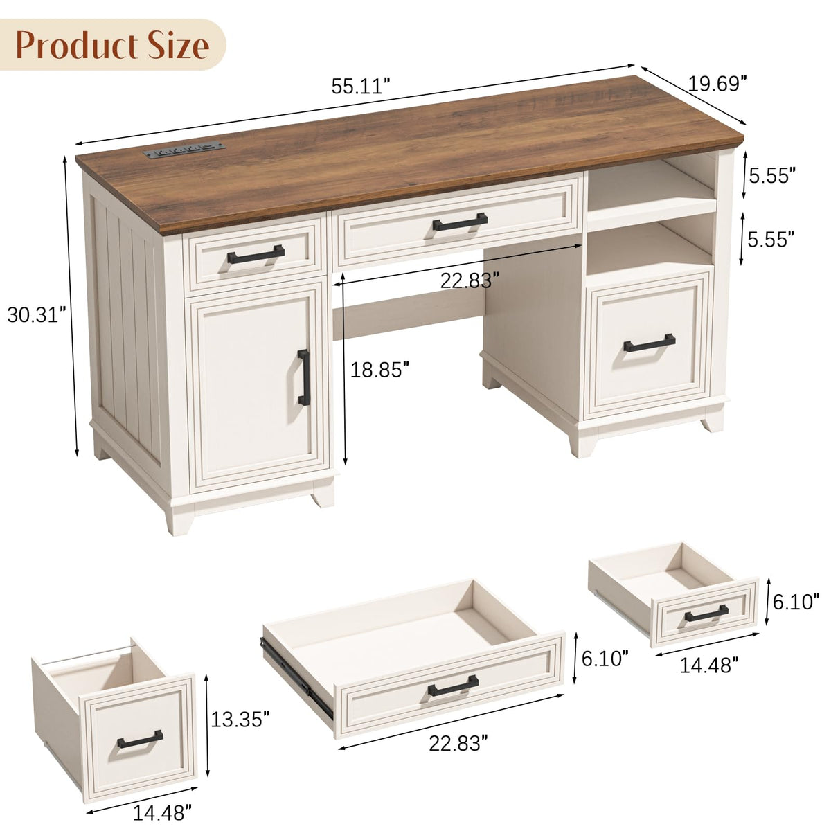 Vabches 51" Executive Desk Farmhouse Home Office Desk with Charging Station, LED Light, File Drawer, Storage Cabinet, Monitor Stand, Wood Computer Desk with Hutch for Work Study Writing (White)