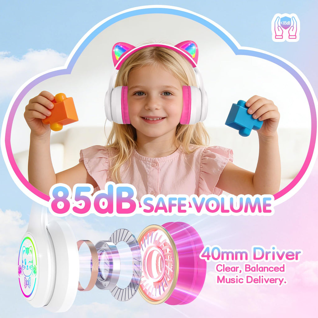 IFECCO Kids Bluetooth Headphones with Case,Cute LED Light Up Cat Ears