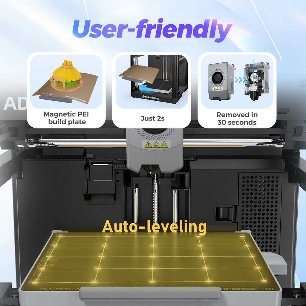 Flashforge Adventurer 5M 3D Printer for Beginners, 600mm/s Fast Printing, Direct Drive (280°C), Auto-Leveling, 8.7"x8.7"x8.7" PEI Build Plate - Ideal for Home, School & Makers